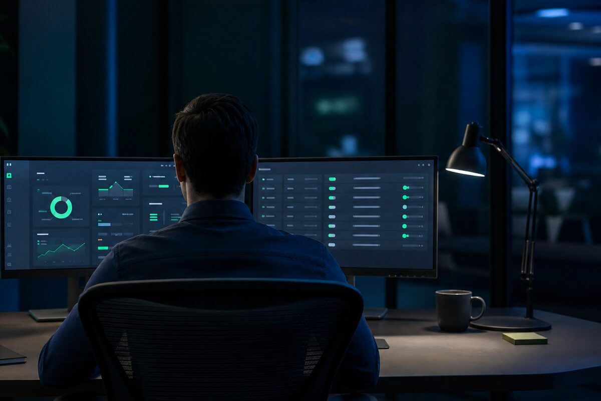 An agency dashboard on multiple monitors in a dark office