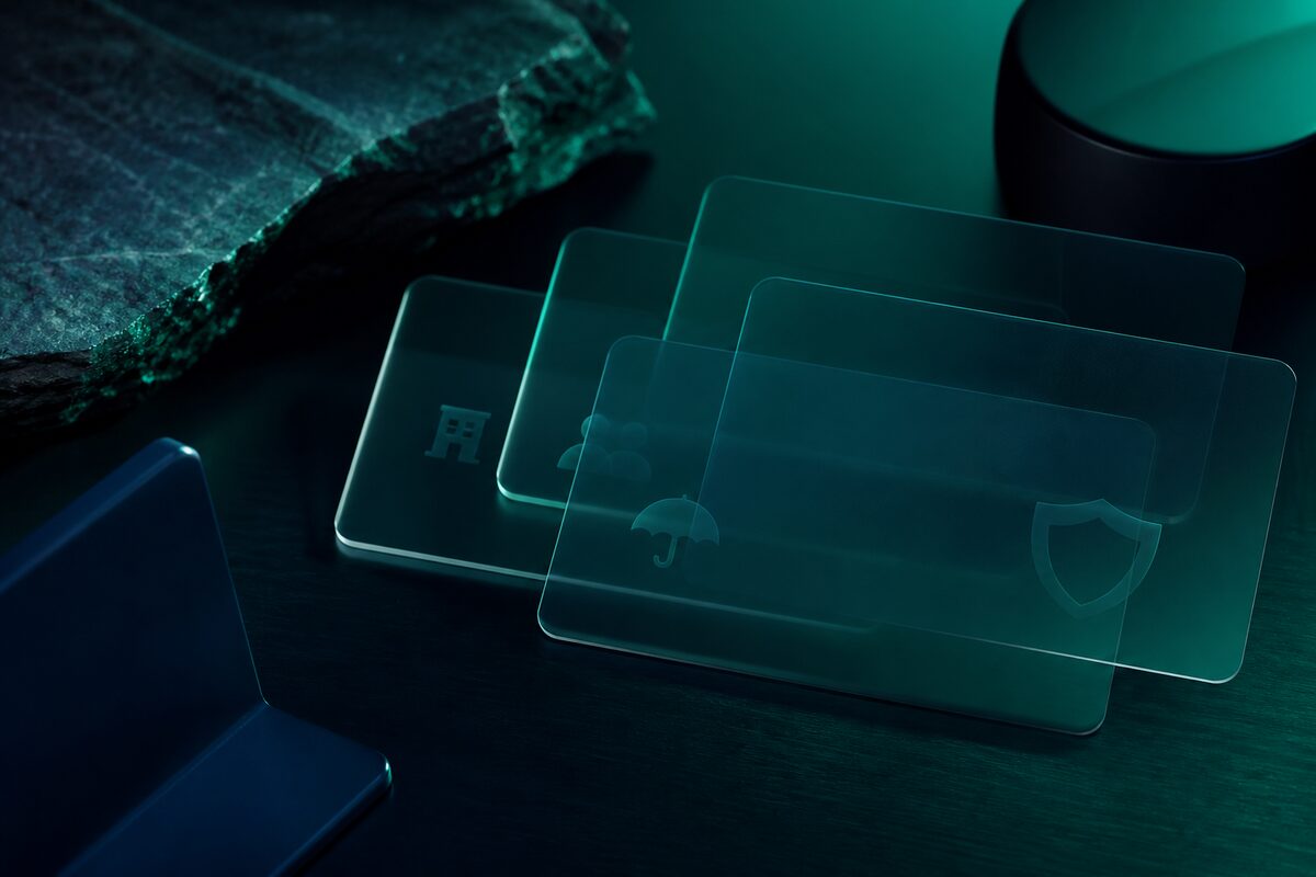 Translucent plan cards fanned out on a dark desk