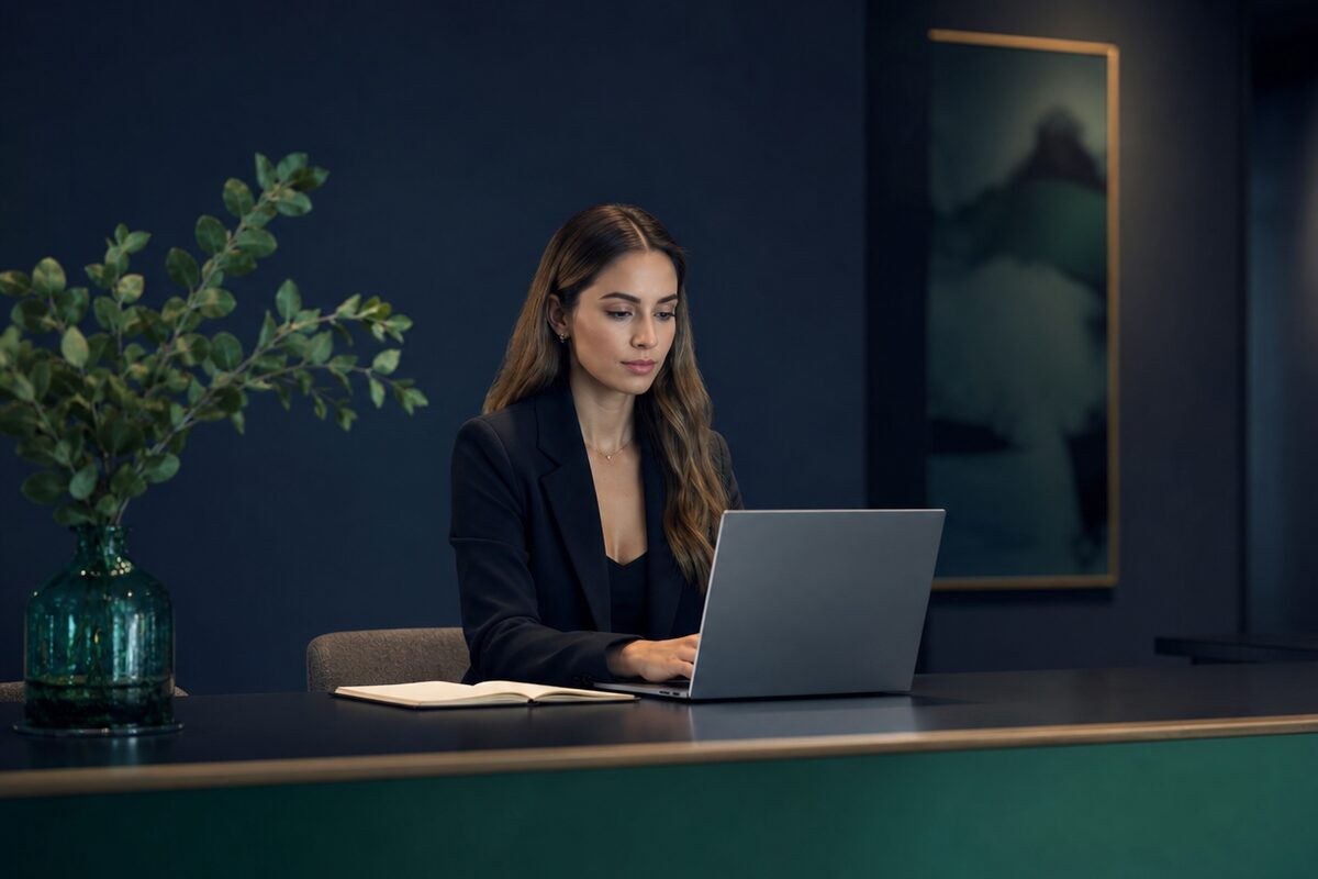 A support specialist reviewing a client case on a laptop