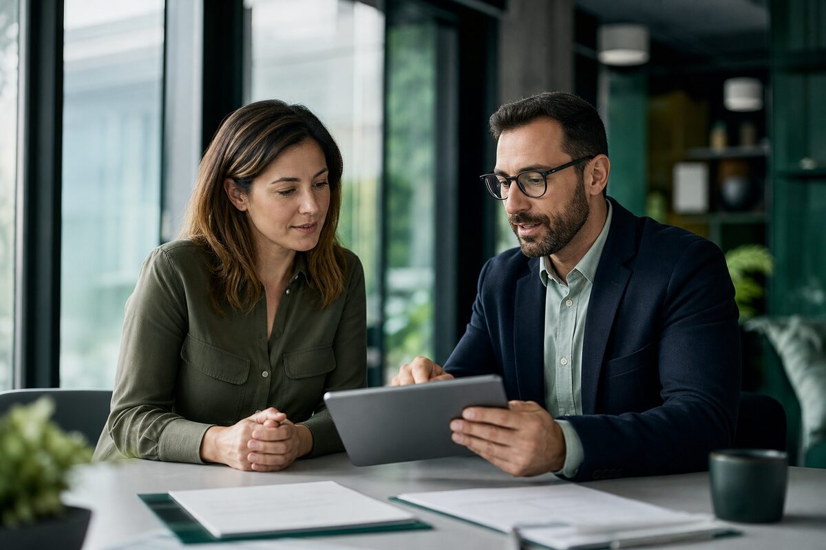 An agent guiding a client through enrollment on a tablet