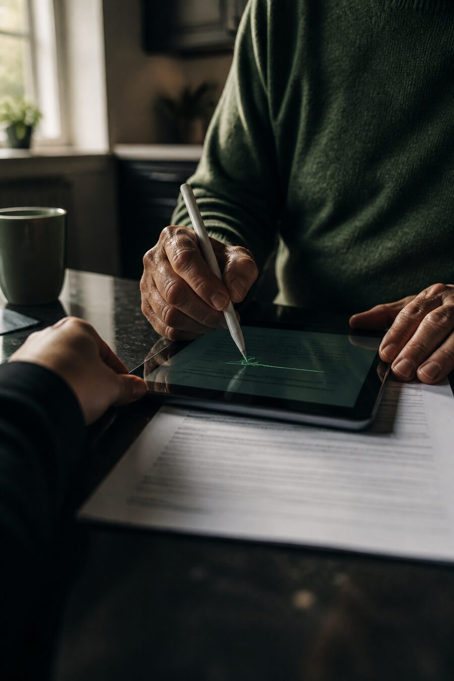 A client signing an application on a tablet held by an agent