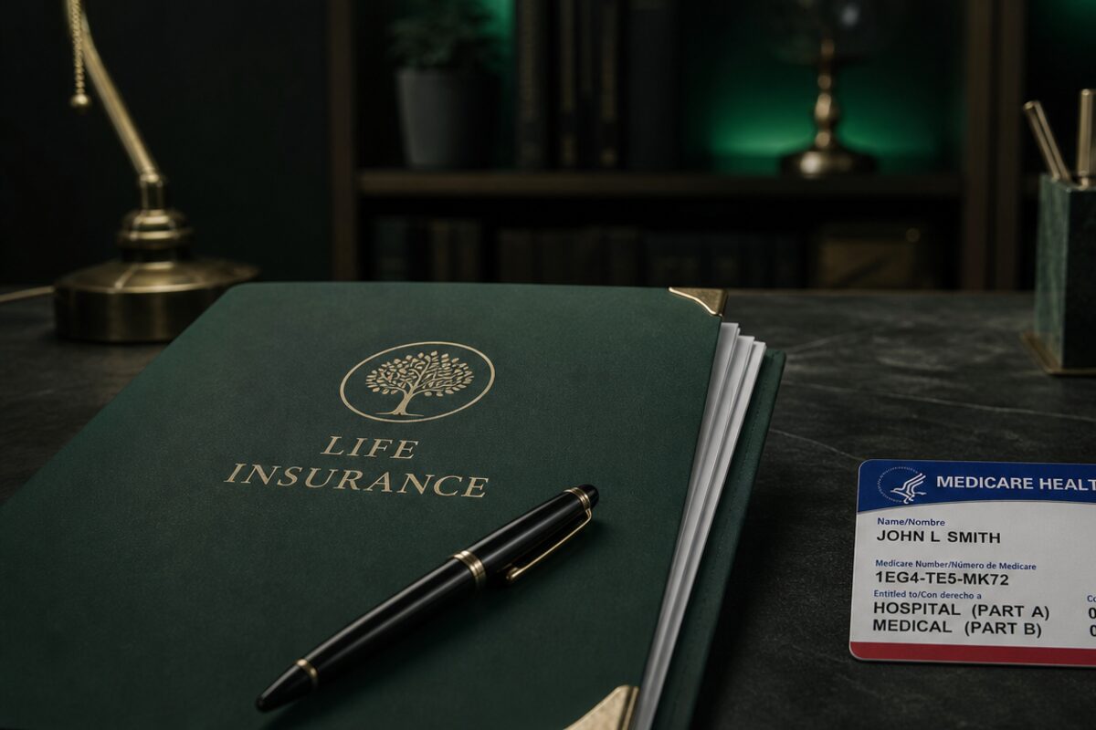 A bound life insurance folder and pen on a dark desk beside a Medicare card