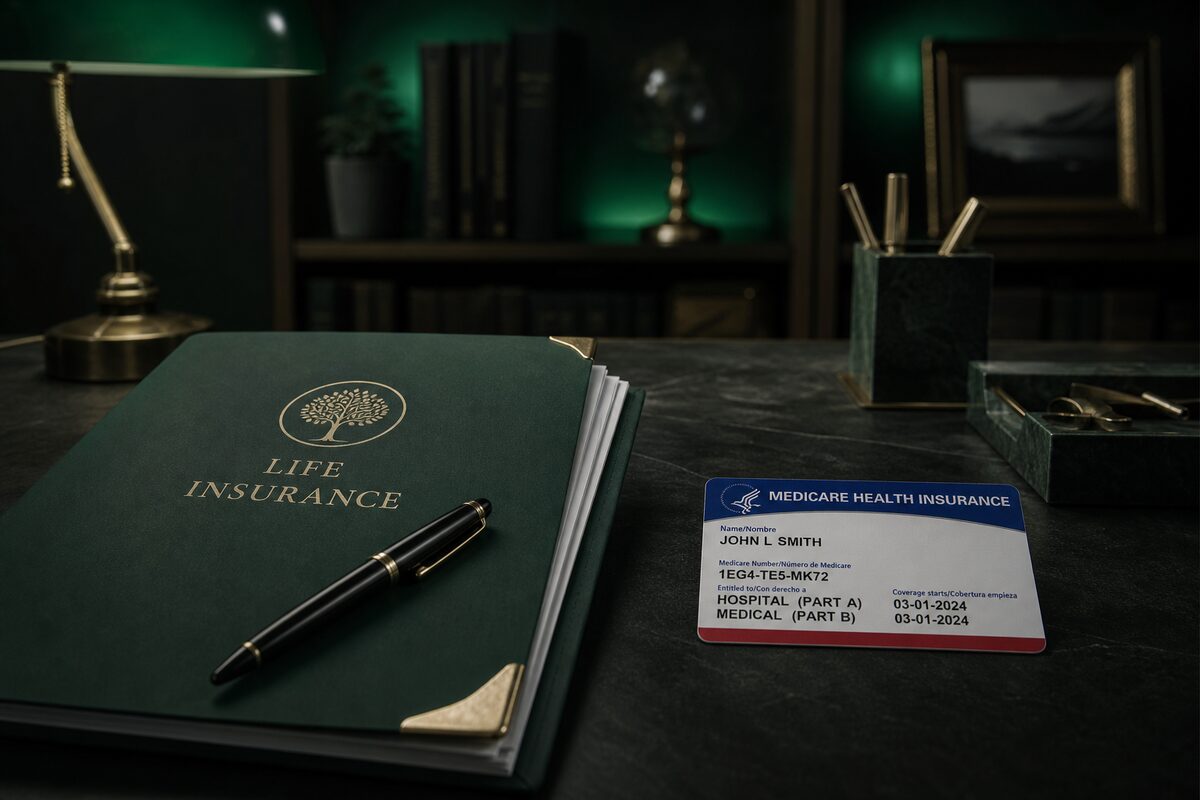 A Medicare health insurance card on a desk beside a pen