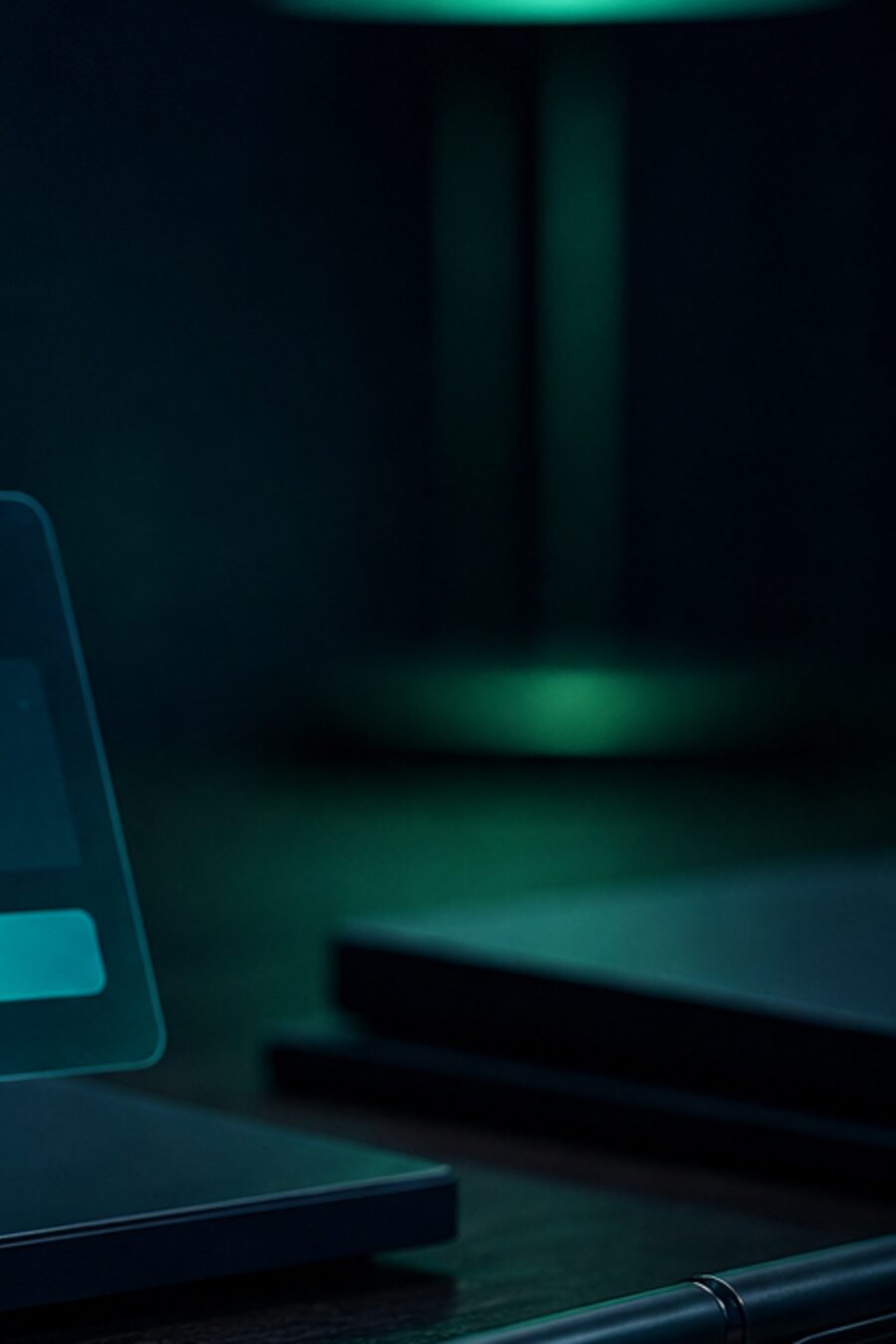 A glowing plan card beside a closed laptop on a dark desk