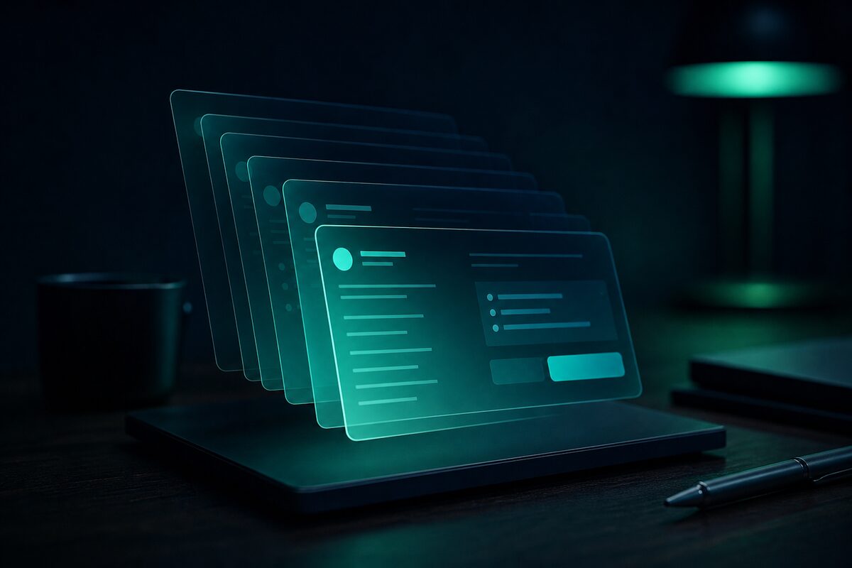 Ranked plan cards glowing above a laptop