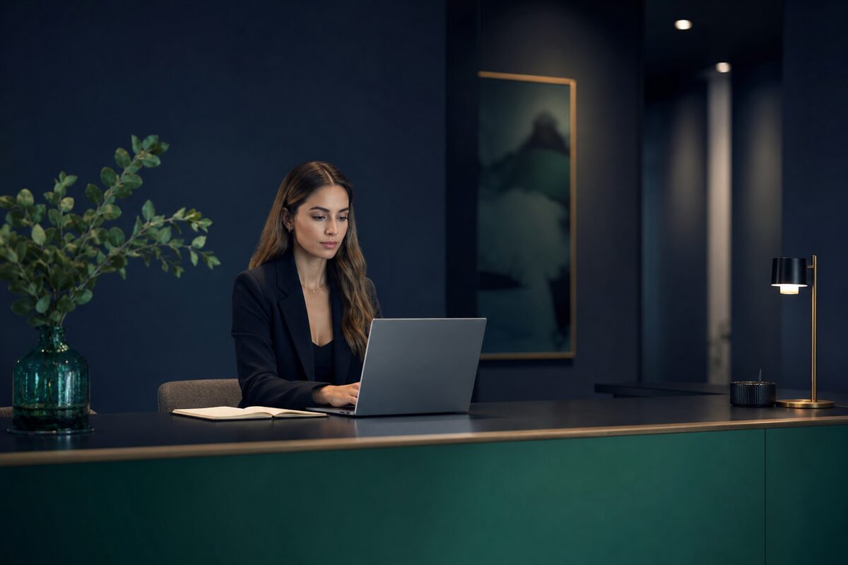 An agent working through a client profile on a laptop at a dark desk